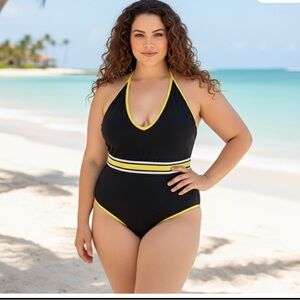 3X 1 piece black with Yellow ,White & Black waist band swimsuit halter top